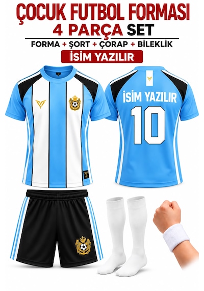 Yenteks İsim Yazılır Çocuk Futbol Forması Mavi-siyah Özel Tasarım 4 Parça Forma+şort+çorap+bileklik Mavi - Siyah