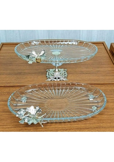Elta Collection 2 Li Paşabahçe Kristal Metal Ayaklı Gümüş Oval Düz Pasta Sunumluk Kurabiyelik Gümüş Oval Düz