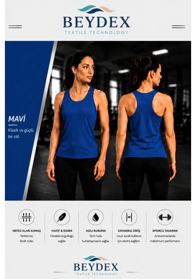 Beydex Bisiklet Yaka Sıfır Kollu Standart Kalıp Kadın Spor Atlet Mavi