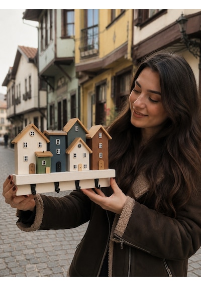 Ahşap Ev Figürlü Anahtarlık Askılığı Dekoratif Duvar Anahtarlığı 4 Kancalı Modern Organizer Çok Renkli