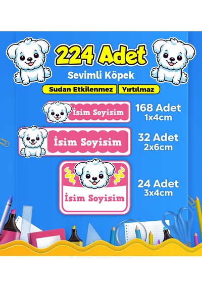 Sevimli Köpek Temalı Okul Kreş Kişiye Özel İsim Etiket Seti - Model 381 Çok Renkli
