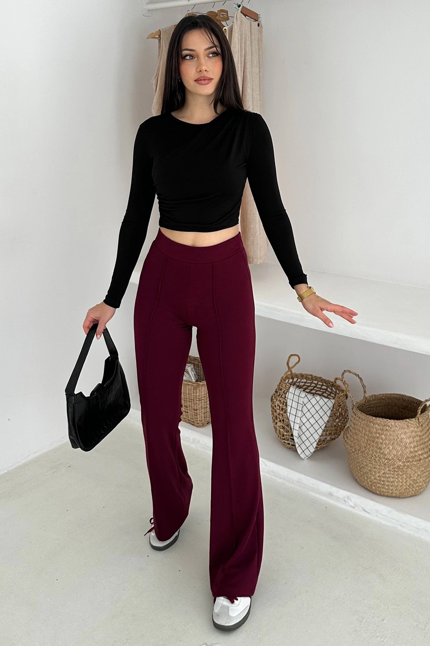 Kadın Yüksek Bel İspanyol Paça Tayt Retro & Şehirli Stil Bordo