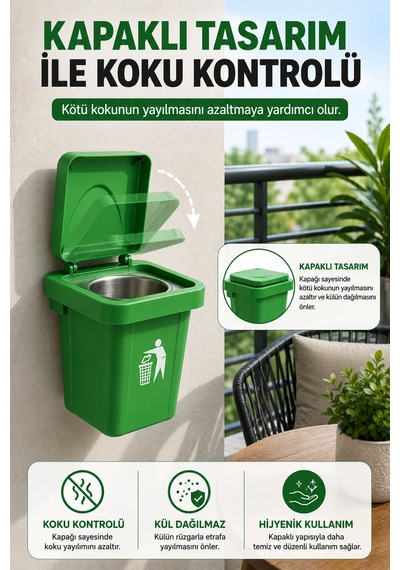 Yeşil Renk Duvara Monte Kapaklı Küllük Yapışkanlı Paslanmaz Çelik Hazneli Balkon Ofis Küllüğü