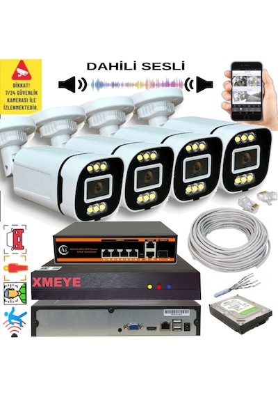 4 Lü Yapay Zeka Destekli 5 Mp Görüntü Poe Bağlantılı Sesli 6 Warm Led Gece Renkli Ip Kamera Seti 4386ws