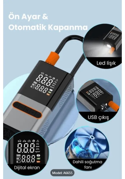Lcd Ekranlı 150 Psı Şarjlı Hava Kompresörü Led Işıklı, 4000mah, Araç Ve Bisiklet Şişirici