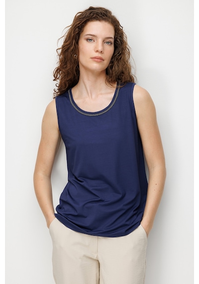 Desen Triko Kadın Sıfır Yaka Yaka Kenarı Zincirli Askılı Penye T-shirt 26708 Lacivert Lacivert