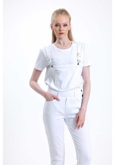 Kene Jeans Bahçevan Askılı Beyaz Tam Kalıp Mom Kot Tulum Beyaz