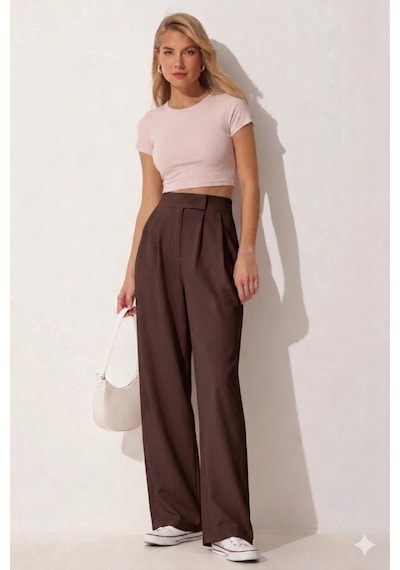 Trend Alisse Kadın Beli Cırt Cırtlı Pileli Bol Paça Palazzo Pantolon Wide Leg Kahverengi