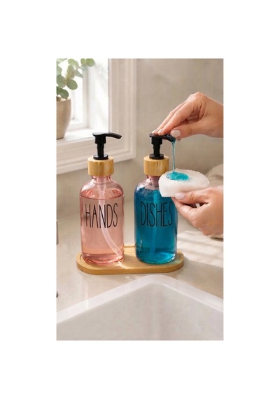 Bambu Stantlı Antrasit 2'li Cam Sıvı Sabunluk Seti 350ml Pembe Pembe