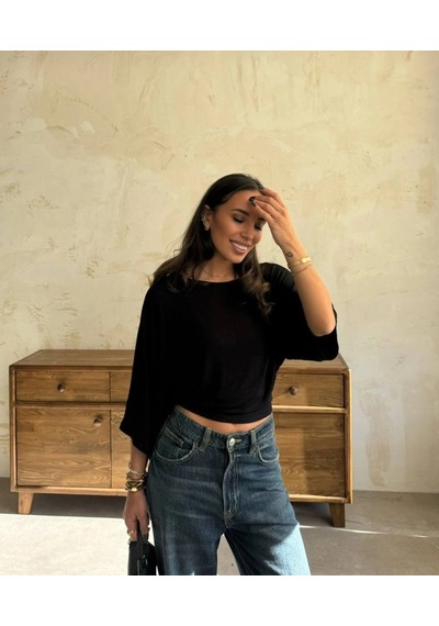 Defymoda Kadın Kayık Yaka Yarasa Kol Dökümlü Kısa Bluz Siyah