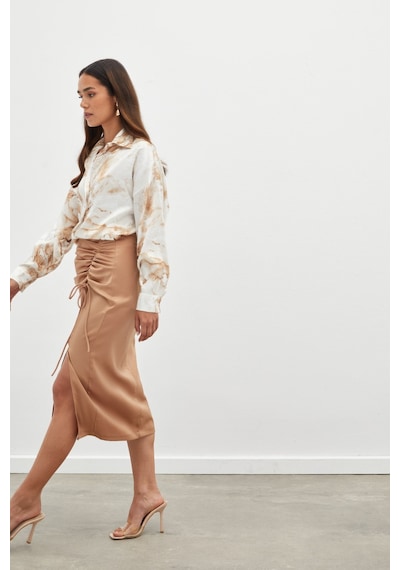 Sateen Büzgü Detaylı Saten Etek - Camel