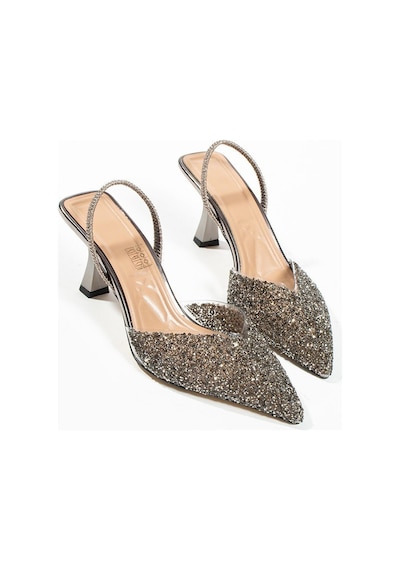Duxal Shoes London Cam Kırıntıları Detay Arkası Açık Topuklu Ayakkabı PLATIN