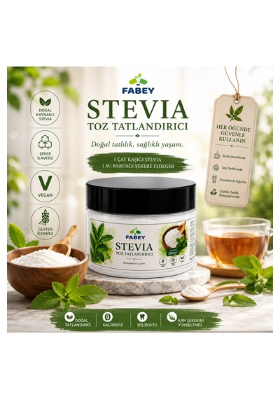 Esfabey Stevia Toz Tatlandırıcı 200 G Şekersiz Doğal Tatlandırıcı, Vegan Ve Glutensiz Tekli