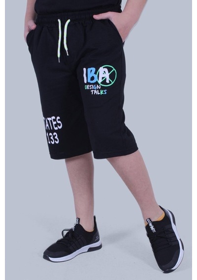 Fyk Kids Iba Yazı Baskılı Çift Cep Detaylı Erkek Çocuk Siyah Kapri Şort Siyah