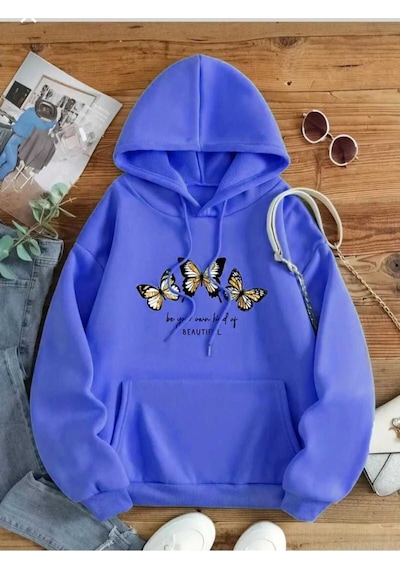 Kozia Outdoors Beautıful 3 Kelebek Baskılı Kapşonlu Sweatshirt Saks Mavi