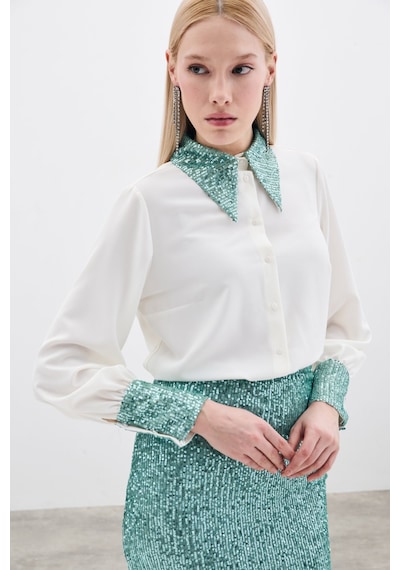 Sateen Payet Detaylı Gömlek - Ekru-mint-135659 Ekru-mint Ekru - Mint