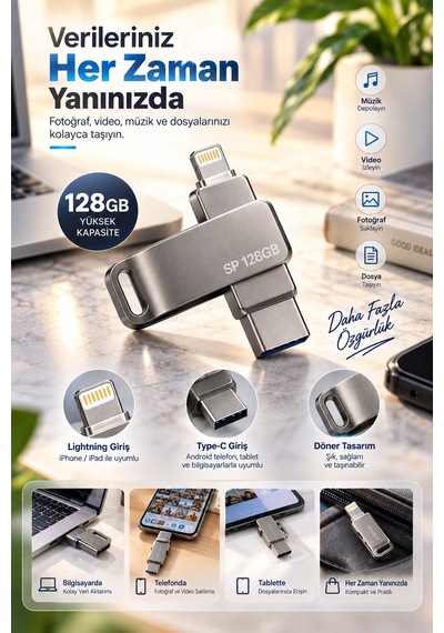 Döner Tasarımlı 128gb Lightning Type C Usb Flash Bellek Telefon Tablet Ve Bilgisayar Uyumlu Diğer