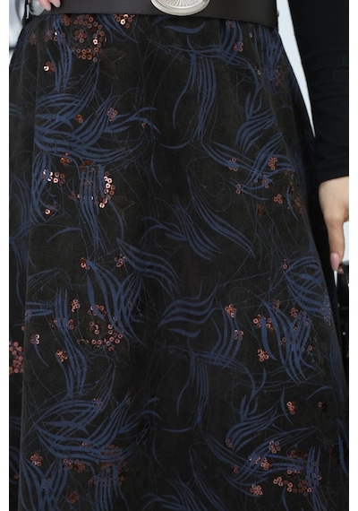 Lodmela Baskılı Ve Kemerli Kadife Etek 6069-kahve/indigo Kahve/indigo