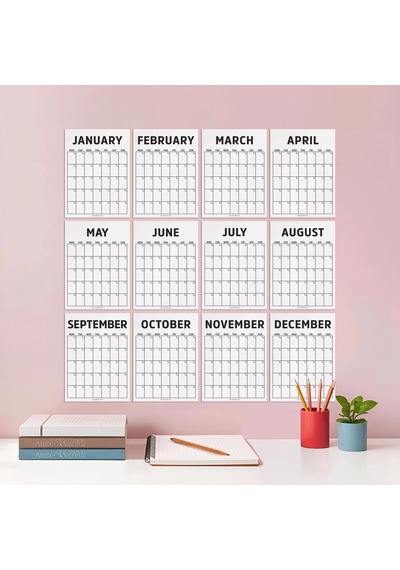 Tarihsiz Aylık Planlayıcı Duvar Takvimi - Minimalist Siyah Beyaz Modern Planlayıcı 12 Ay