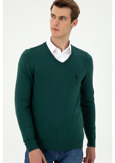 U.S. Polo Assn. Erkek Slim Fit V Yaka Koyu Yeşil Basic Kazak 50293512-VR079