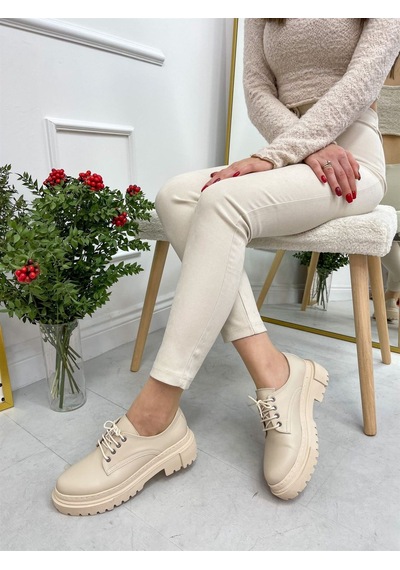 Erva'nın Butiği Bej Cilt College Kadın Bağcıklı Loafer-4094