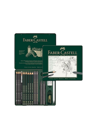 Faber-Castell Pitt Grafit Sanat Seti,Siyah,19 Parça,Kömür Kalem ve Aksesuarlarla,Gölgelendirme ve Eskiz İçin İdeal