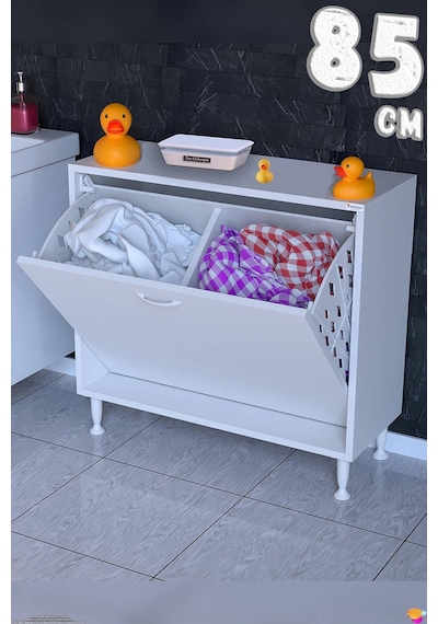 Söke 85 Cm 2 Gözlü Kirli Çamaşır Sepetli Çok Amaçlı Banyo Dolabı Beyaz