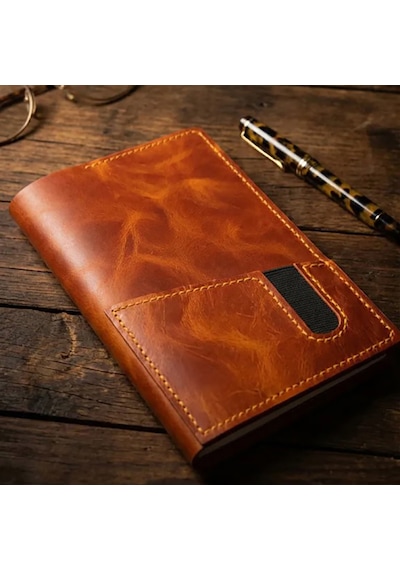 Bilikolik Hakiki Deri A5 Defter Kılıfı, El Yapımı, Telefon Cepli Ajanda Organizer, Defter Ve Kalem Dahil Turuncu