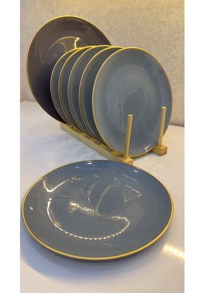 Gold Kenarlı Gri Seramik Pasta Tabağı 7 Lı Set Modern Sofra Sunum Tabakları 21 Cm Çok Renkli