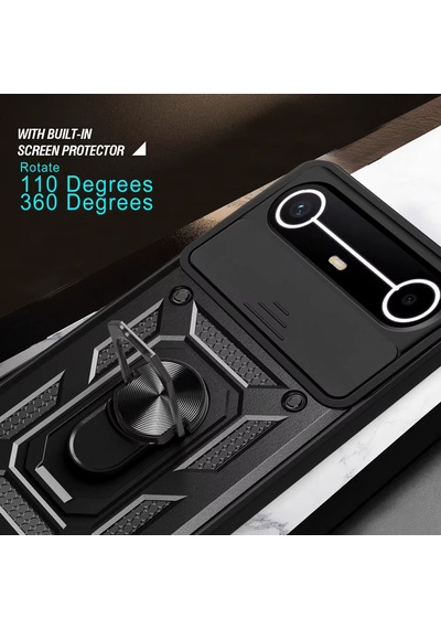 Caseonn Tecno Spark Slim 5g Kılıf Sürgülü Kamera Korumalı Yüzüklü Mıknatıslı Tank Kapak Siyah