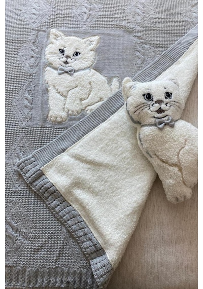 Oyuncak Hediyeli Bebek Triko Battaniye 90x90 Cm Gri Gri