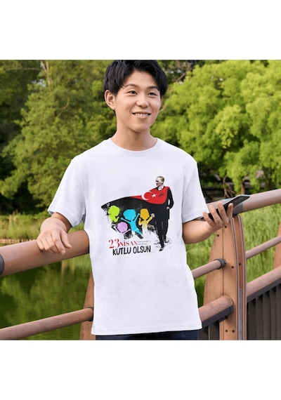 Alpşan Ticaret 23 Nisan Tişört 23 Nisan T-shirt Beyaz Çocuk Yetişkin Tişört Unisex T-shirt Çocuk Bayramı 52 Beyaz