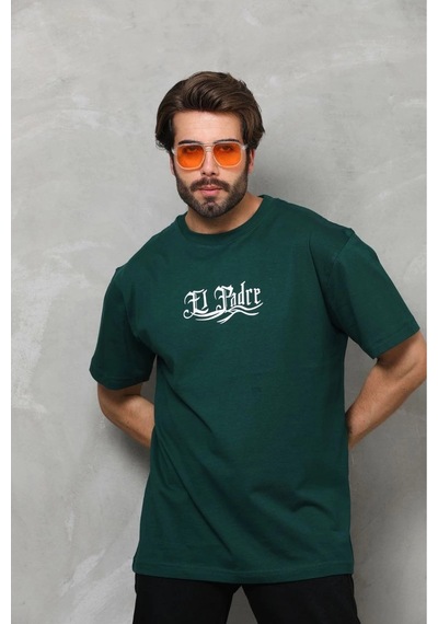 Erkek Kısa Kol Yazlık Tişört Bisiklet Yaka Baskılı Oversize T-shirt - Yeşil