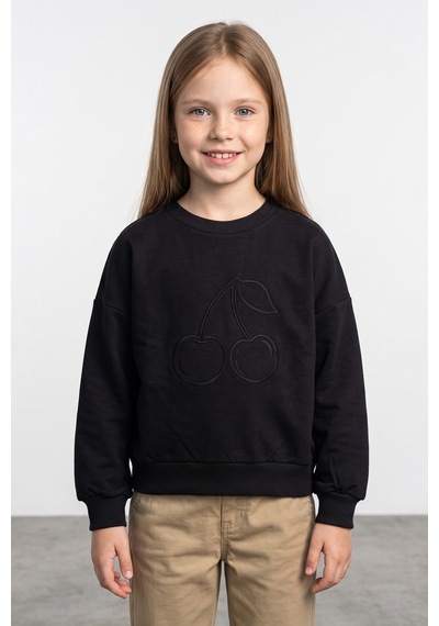 Fullamoda Kiraz Nakışlı Bisiklet Yaka Kız Çocuk Sweatshirt Siyah