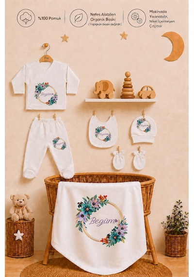 Pia Baby Kız Bebek Hastane Çıkışı 10 Parça %100 Pamuk Kişiye Özel İsimli Organik Baskılı Set 102610yx Ekru
