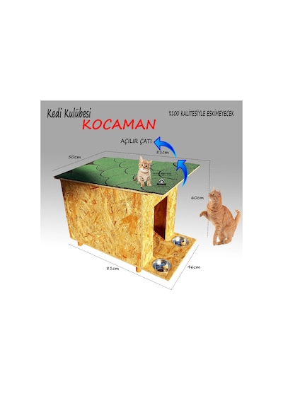 Çelik Mama Kabı + Kedi Kulübesi Açılır Çatılı Büyük Ahşap Kedi Evi 81 x 46 x 60 CM