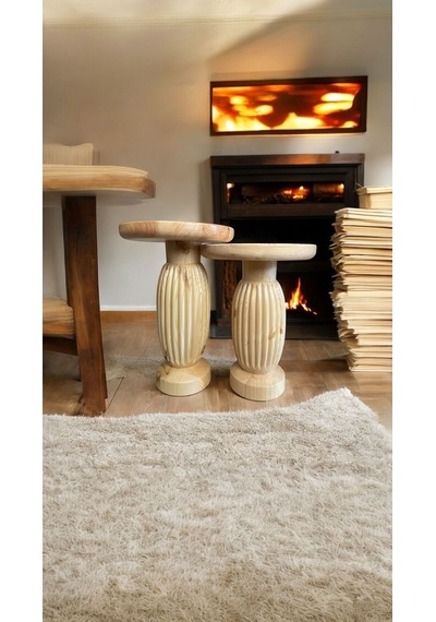 Wood Wooden Ahşap 2'li Set Fitilli Mantar Yan Sehpa Modern Naturel Renk Fiskos Naturel