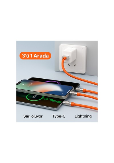 3'ü 1 Arada 120w Hızlı Şarj Kablosu Micro Usb, Type-c Ve Lightning Uyumlu Samsung, Apple iPhone Turuncu - 736617527