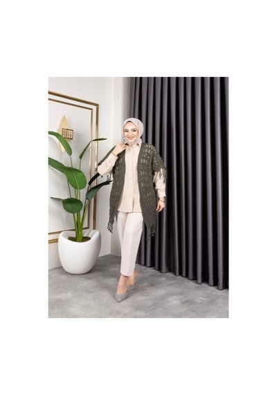 Hira Life Fashion Kadın Mevsimlik Saçaklı Ve Ajurlu Pamuk Triko Hırka Haki Haki