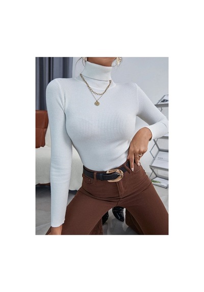 Hanclo Kadın Fitilli Balıkçı Yaka Slim Fit Triko Kazak Beyaz