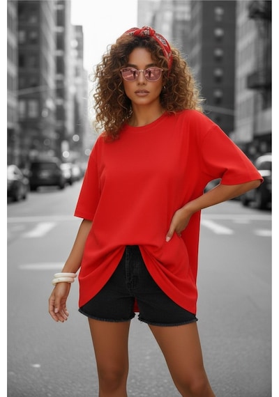 Mily Kadın Oversize Basic Bisiklet Yaka Pamuklu T-shirt Rahat Kesim Unisex Sevgili Kombini Kirmizi Mily Kadın Oversize Basic Bisiklet Yaka Pamuklu T-shirt Rahat Kesim Unisex Sevgili Kombini Kirmizi