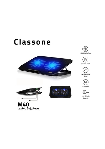Classone M40 Gaming Laptop Soğutucu Notebook Standı, Mavi Led,14-15.6-17 İnch Uyumlu, 2 Fan, 2 Usb