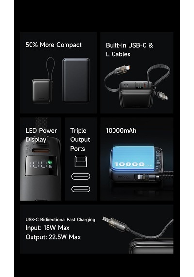 Mc-2550 10000mah 22.5w Dahili Kablolu Mini Powerbank