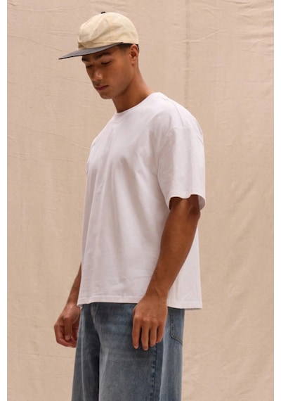 Erkek %100 Organik Pamuklu Kalın Dokulu Comfort Fit Bisiklet Yakalı T-shirt Beyaz