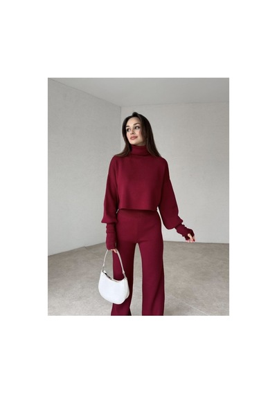 Movella Fashion Balıkçı Yaka Parmak Geçirmeli Movel 2 Li Triko Takım Bordo Bordo