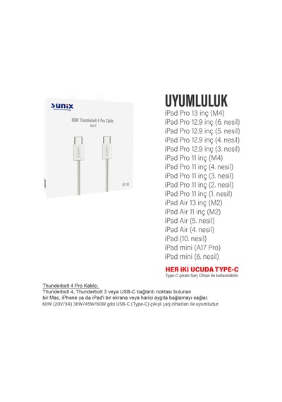 Apple Uyumlu iPad Pro 11 İnç 1.2.3.4.nesil Tablet Şarj Kablosu Type-c Thunderbolt 4 60w