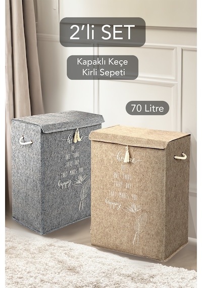 Meleni Home 2'li Set Keçe Kapaklı Kirli Çamaşır Sepeti - Çok Amaçlı Saklama Kutusu Mega Hurç 55 X 41 X 30 Cm Diğer