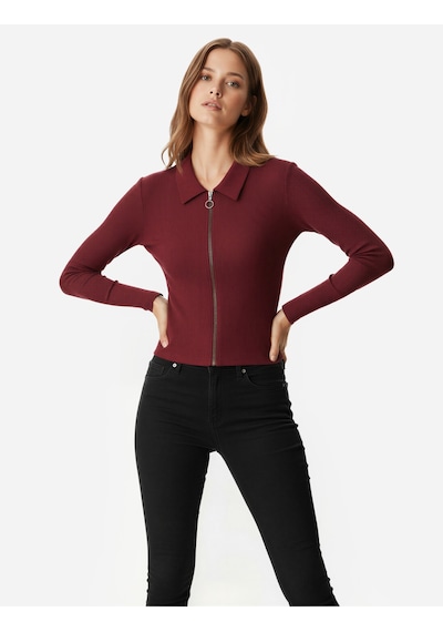 Koton Fermuarlı Slim Fit Gömlek Yaka Kaşkorse Uzun Kollu Tişört Bordo 6wal10120ık Bordo