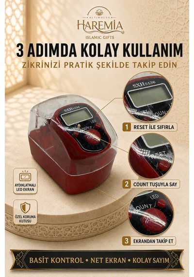 Özel Kutulu Ledli Zikirmatik Dijital Sayaç Mevlid Kandil Hediyesi Kırmızı Siyah