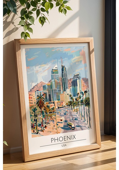 Abd Phoenix Temalı Çerçeveli Tablo Travel Serisi Modern İllüstrasyon Şehir Duvar Dekoru Kayın